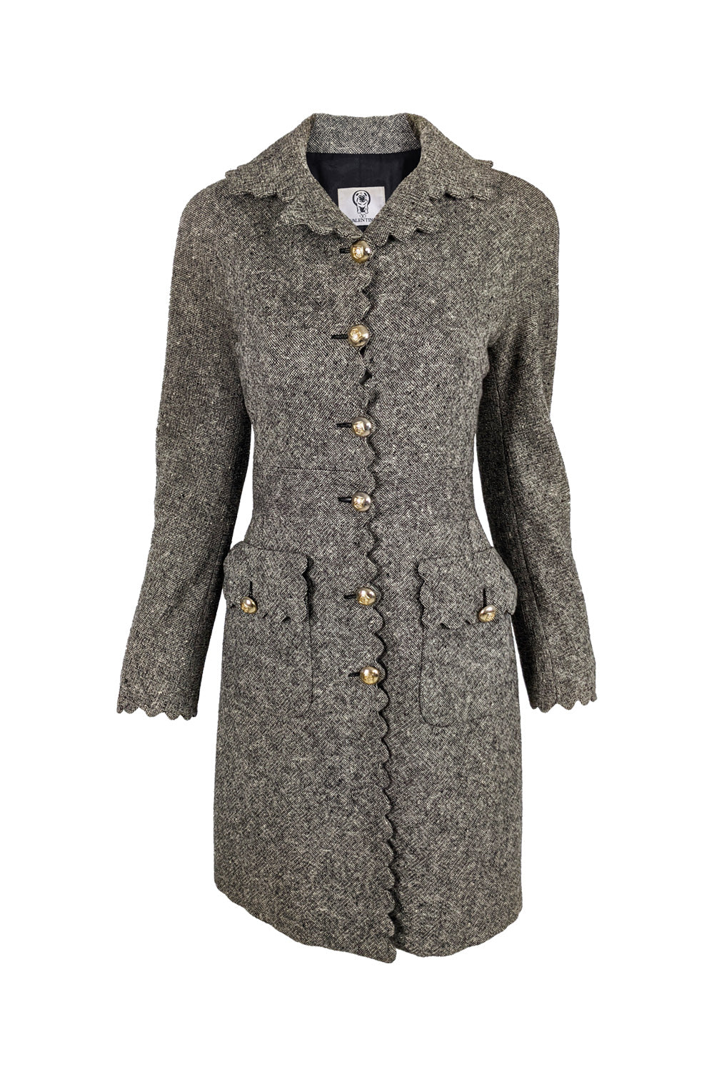 Vintage Womens Scalloped Edge Grey Wool Tweed Coat, 1990s