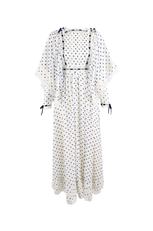 Vintage Off White & Navy Blue Polka Dot Historical Dress, 1970s