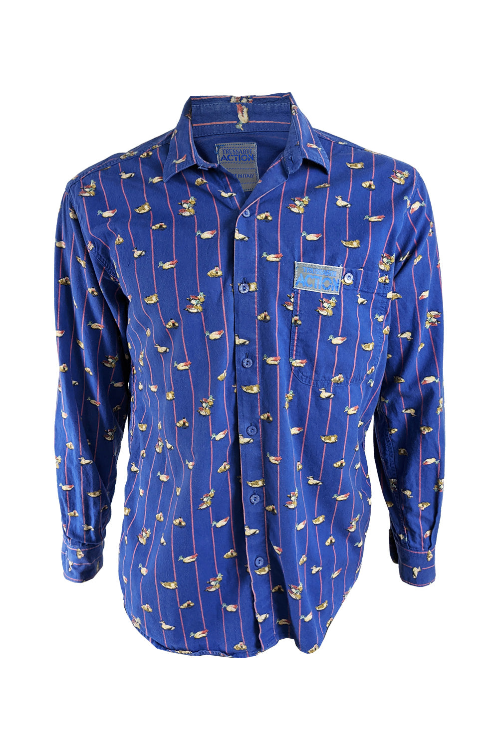 Trussardi Vintage Mens Long Sleeve Blue Duck Print Shirt, 1990s