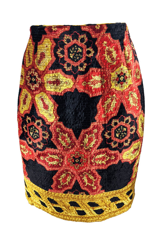 Vintage Baroque Print Velvet Party Skirt, 1980s