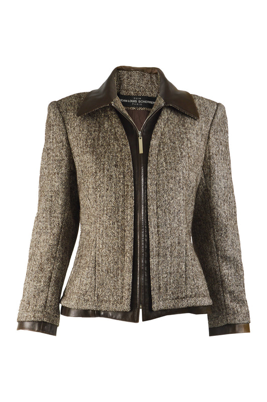 Womens Brown Leather & Silk Tweed Jacket, 1990s