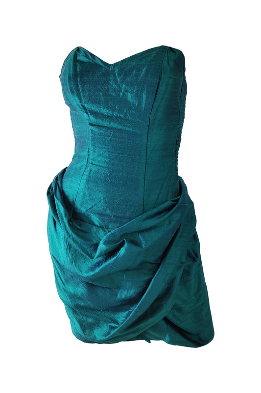 Sarah Whitworth Vintage 80s Teal Silk Boned Corset Dress, 1980s