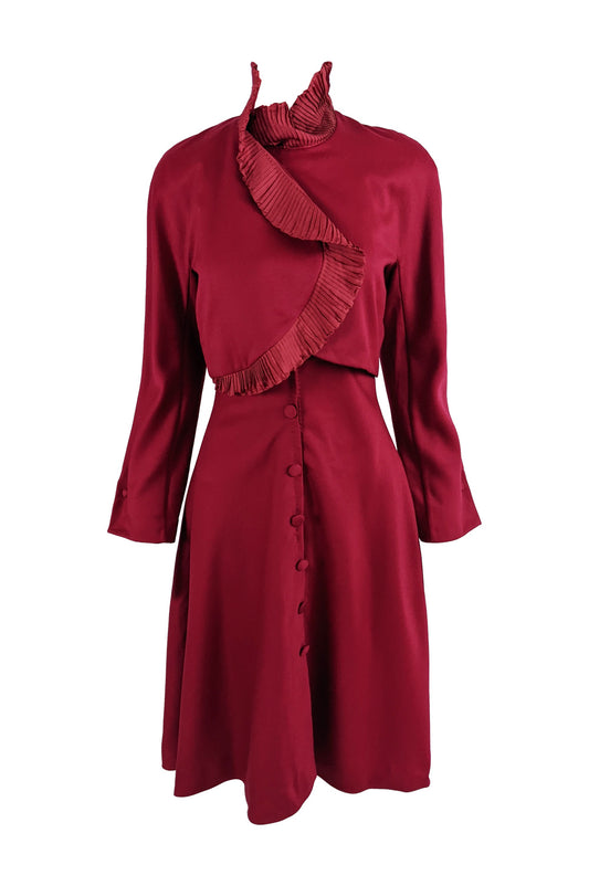 Eli Colaj Vintage Wine Red Wool & Pleated Ruffle Taffeta Collar Dress, 1980s