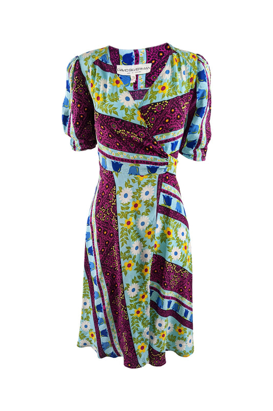 Vintage Bold Multicoloured Floral Patchwork Print Wrap Dress, 1970s