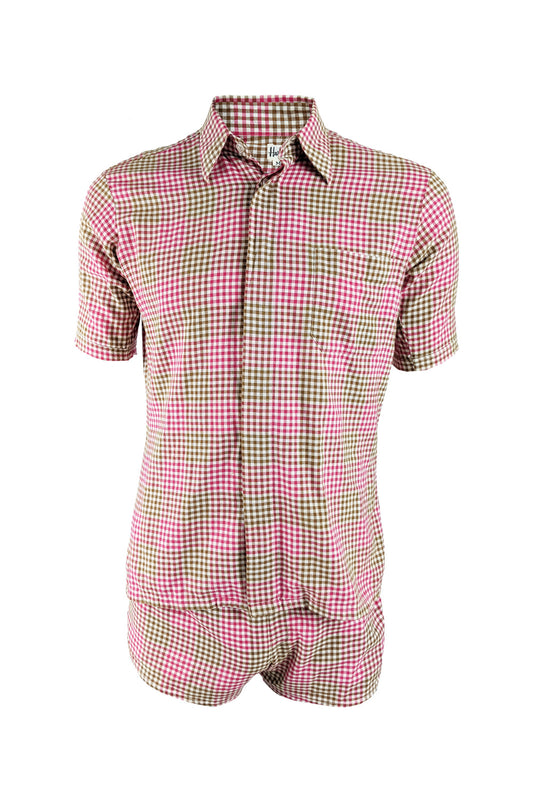 Mens Vintage Two Piece Pink & Green Gingham Shirt & Shorts Set, 1960s