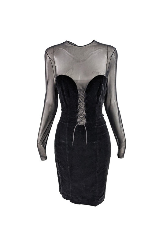 Vintage Black Velvet & Sheer Mesh Plunge Dress, 1990s