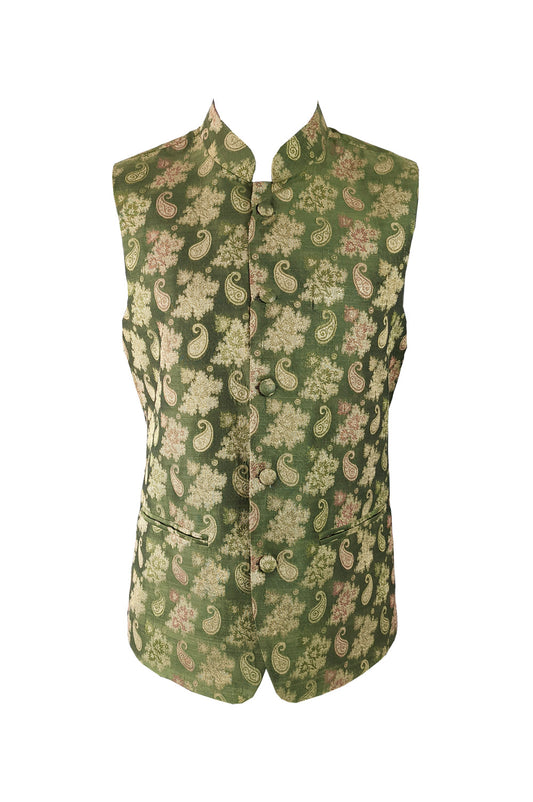Vintage Mens Green Paisley Brocade Nehru Waistcoat, 1970s