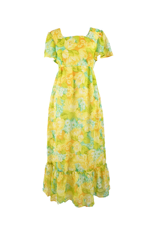 Vintage Yellow & Green Maxi Empire Line Dress, 1970s