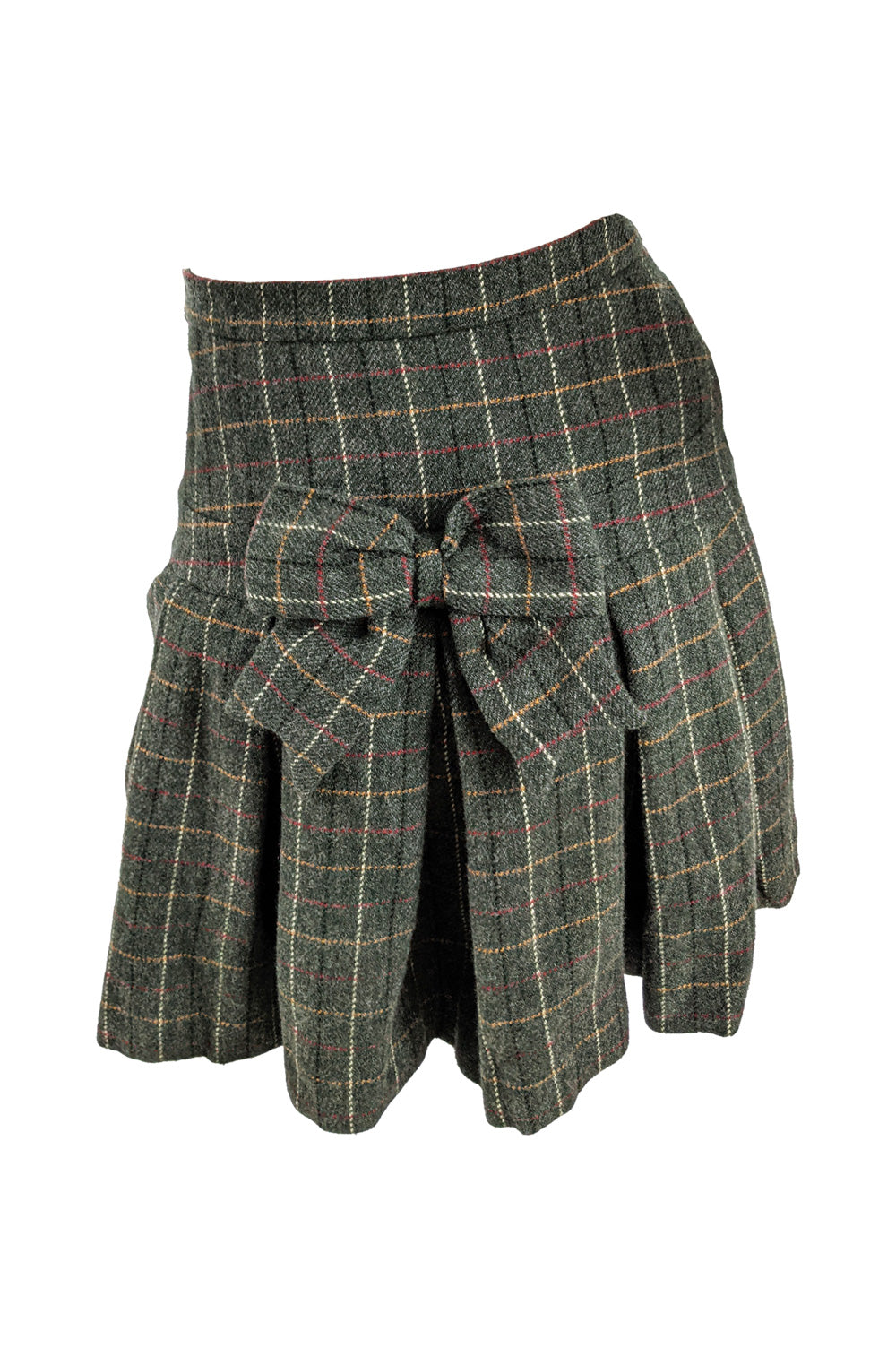 Moschino Vintage Green Wool Pleated Bow Mini Skirt, 1990s