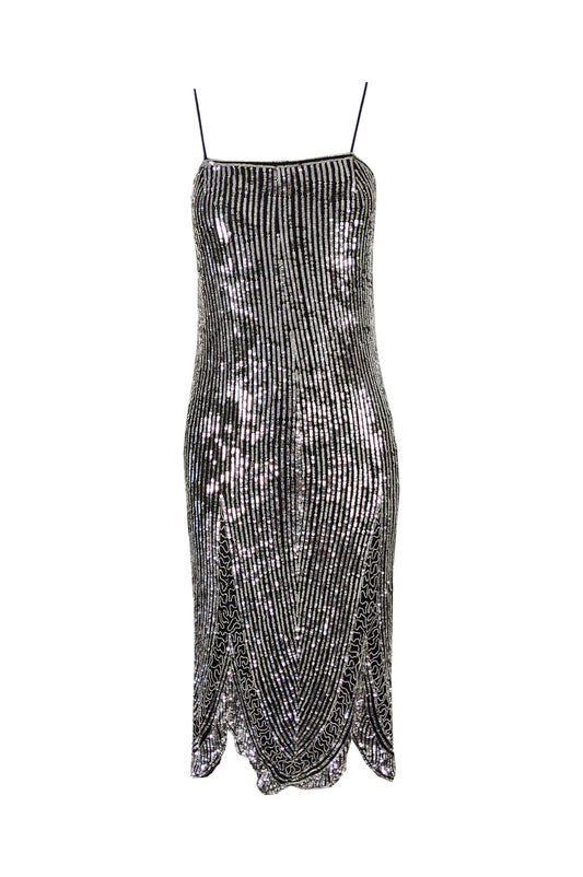 Vintage Black Silk & Silver Sequin Art Deco Party Dress, 1980s