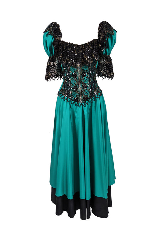 Vintage Taffeta & Black Lace Victorian Style Evening Dress, 1980s