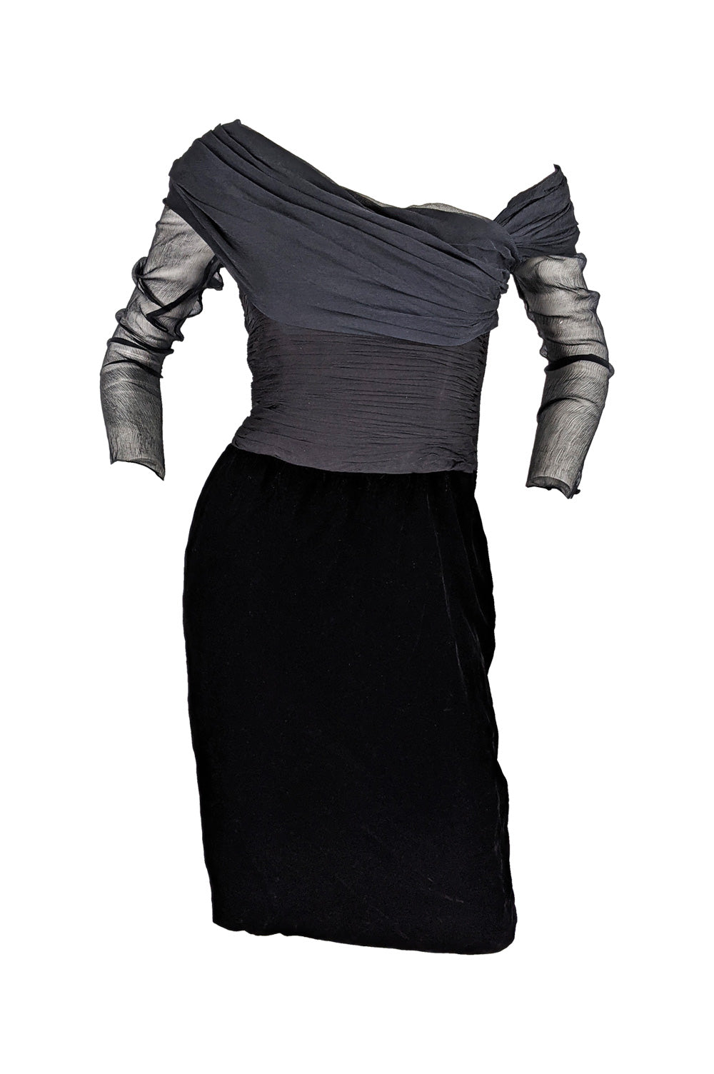 Oscar de la Renta Vintage Black Silk Chiffon & Velvet Dress, 1980s