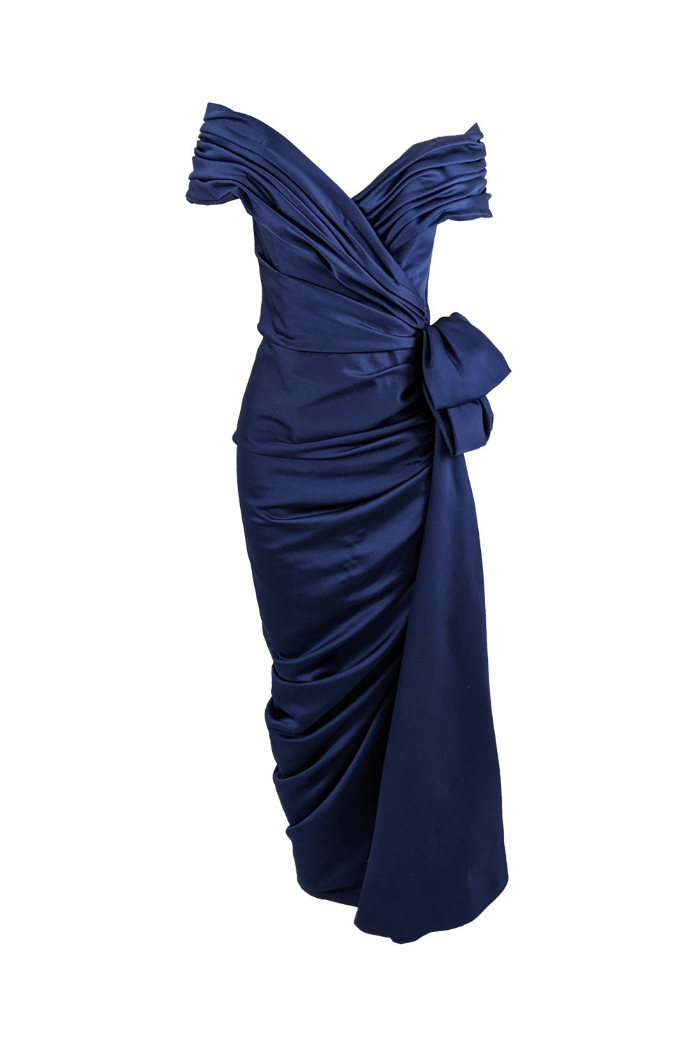 Victor Costa Vintage Dark Blue Draped Bow Evening Gown, 1980s