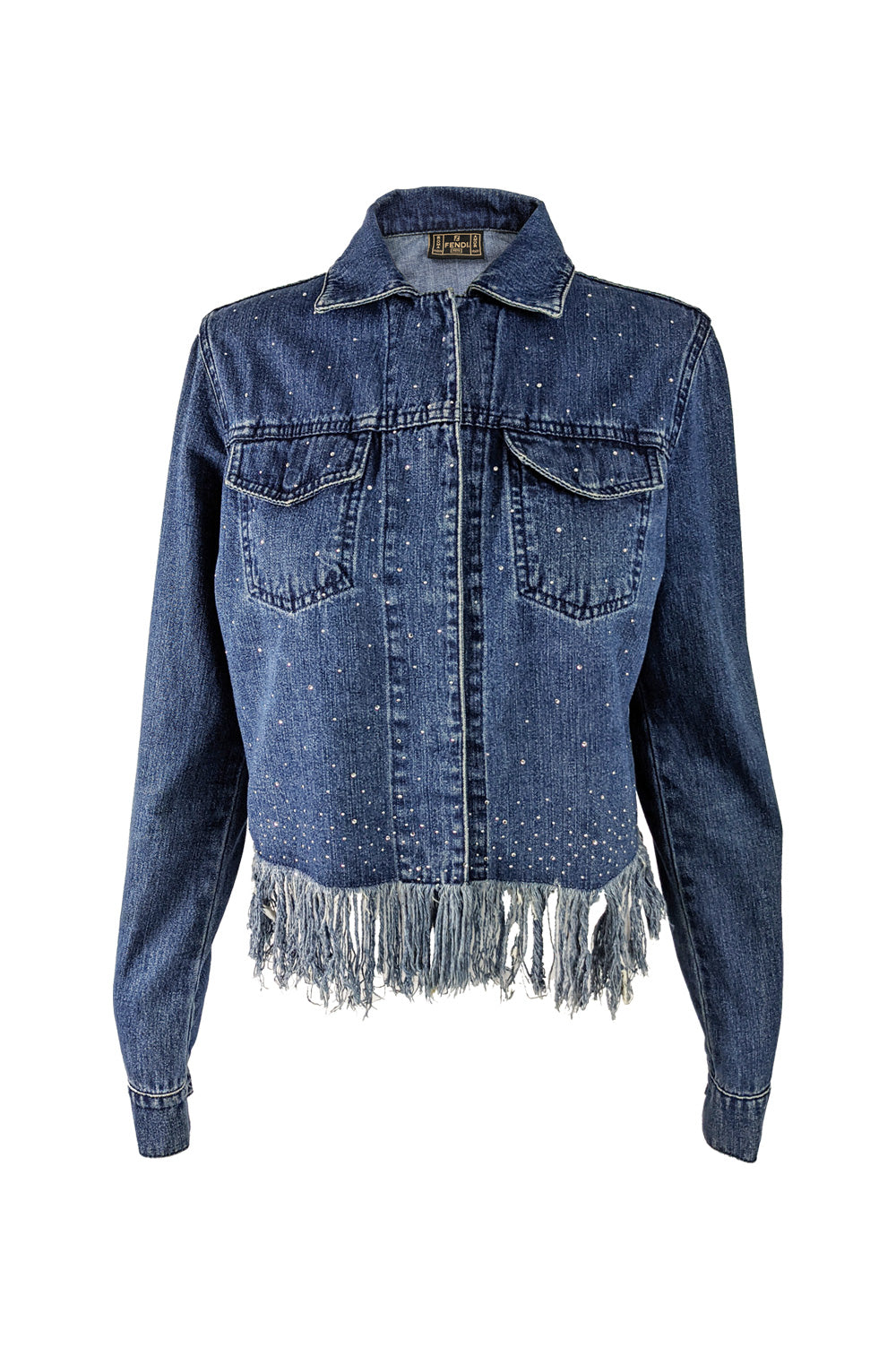 Fendi Vintage Womens Y2K Rhinestone Frayed Fringed Denim Jacket, 1990s
