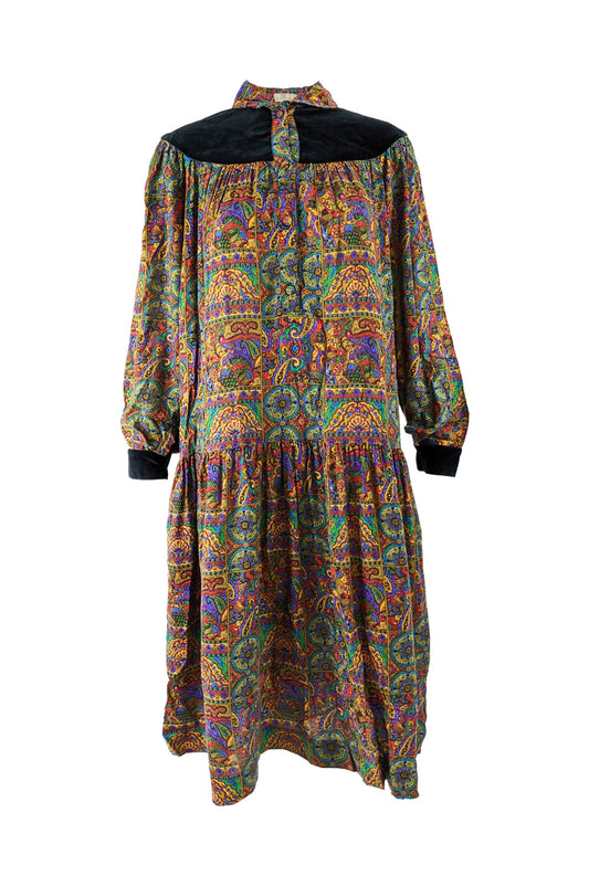 Womens Vintage Paisley & Velvet Boho Smock Dress, 1970s