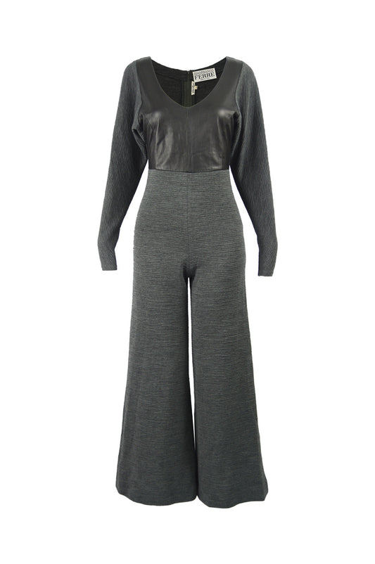 Vintage Leather & Ribbed Wool Knit Jumpsuit, 1990s